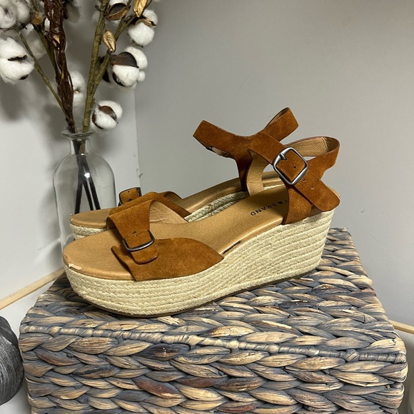 Lucky Brand Neveah Brown Leather Espadrille Strappy Buckle Wedge Size 9.5 - Picture 3 of 16